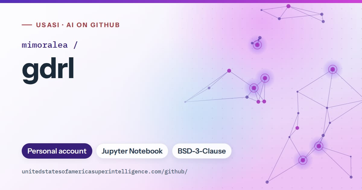 Generated violet constellation network artwork for mimoralea/gdrl, labeled USASI · AI on GitHub, with Personal account · Jupyter Notebook · BSD-3-Clause.
