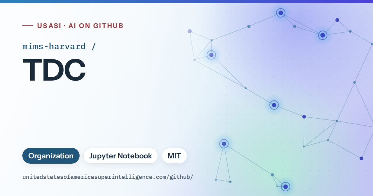 Generated sky blue constellation network artwork for mims-harvard/TDC, labeled USASI · AI on GitHub, with Organization · Jupyter Notebook · MIT.
