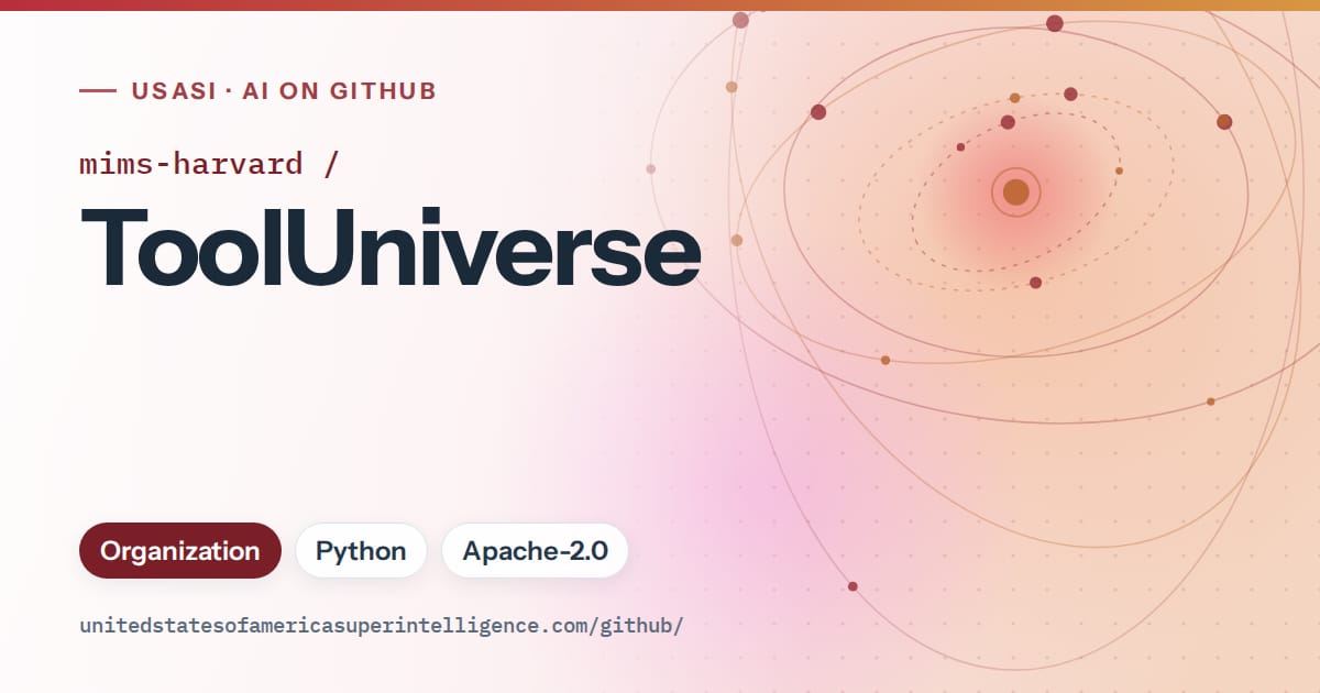 Generated red orbit artwork for mims-harvard/ToolUniverse, labeled USASI · AI on GitHub, with Organization · Python · Apache-2.0.