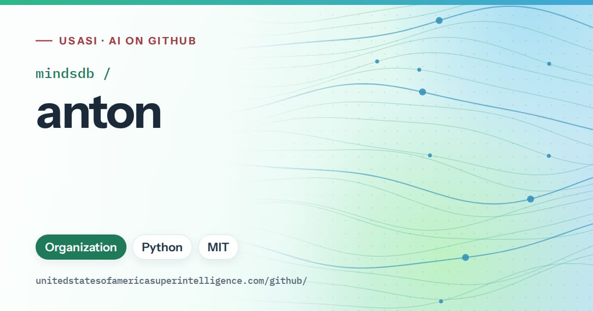 Generated teal flowing-wave artwork for mindsdb/anton, labeled USASI · AI on GitHub, with Organization · Python · MIT.