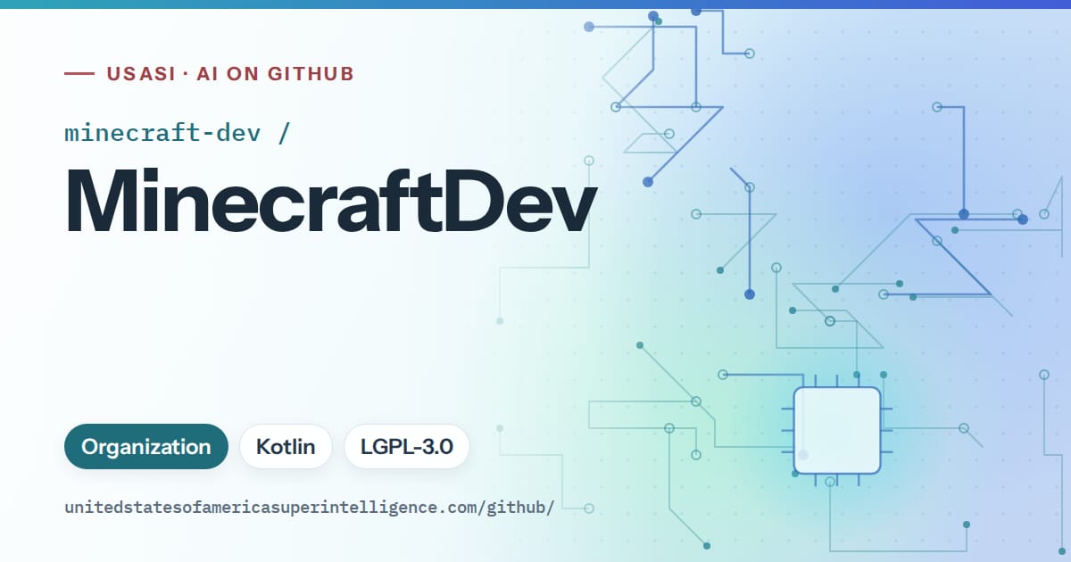 Generated teal circuit-trace artwork for minecraft-dev/MinecraftDev, labeled USASI · AI on GitHub, with Organization · Kotlin · LGPL-3.0.