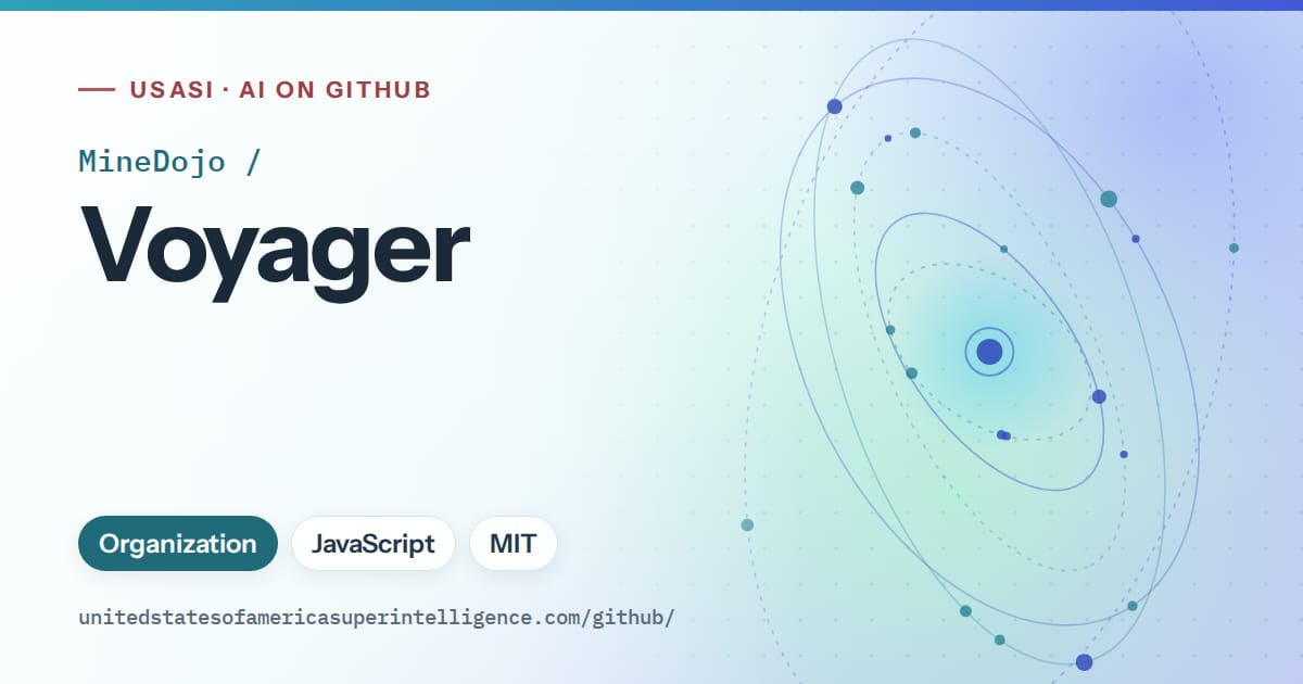 Generated sky blue orbit artwork for MineDojo/Voyager, labeled USASI · AI on GitHub, with Organization · JavaScript · MIT.