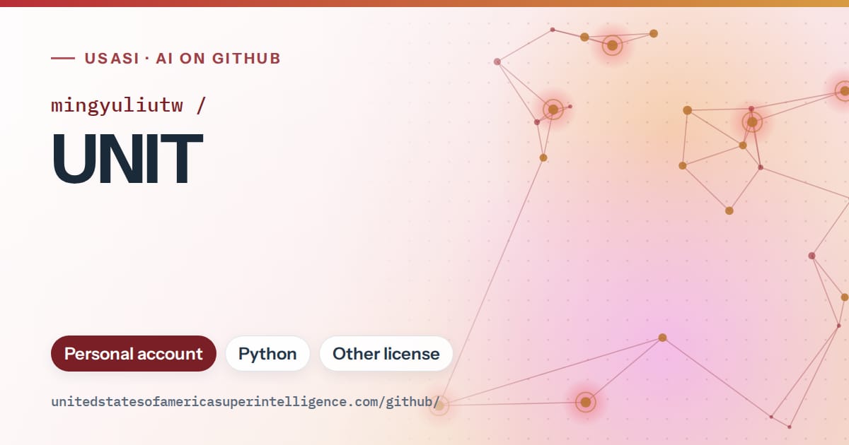 Generated red constellation network artwork for mingyuliutw/UNIT, labeled USASI · AI on GitHub, with Personal account · Python · Other license.