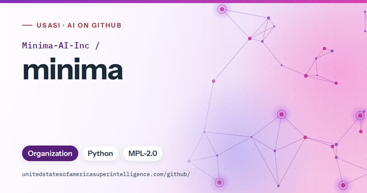 Generated violet constellation network artwork for Minima-AI-Inc/minima, labeled USASI · AI on GitHub, with Organization · Python · MPL-2.0.