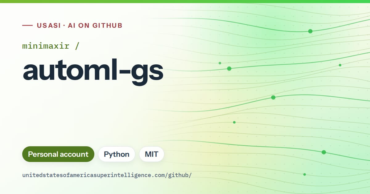 Generated green flowing-wave artwork for minimaxir/automl-gs, labeled USASI · AI on GitHub, with Personal account · Python · MIT.