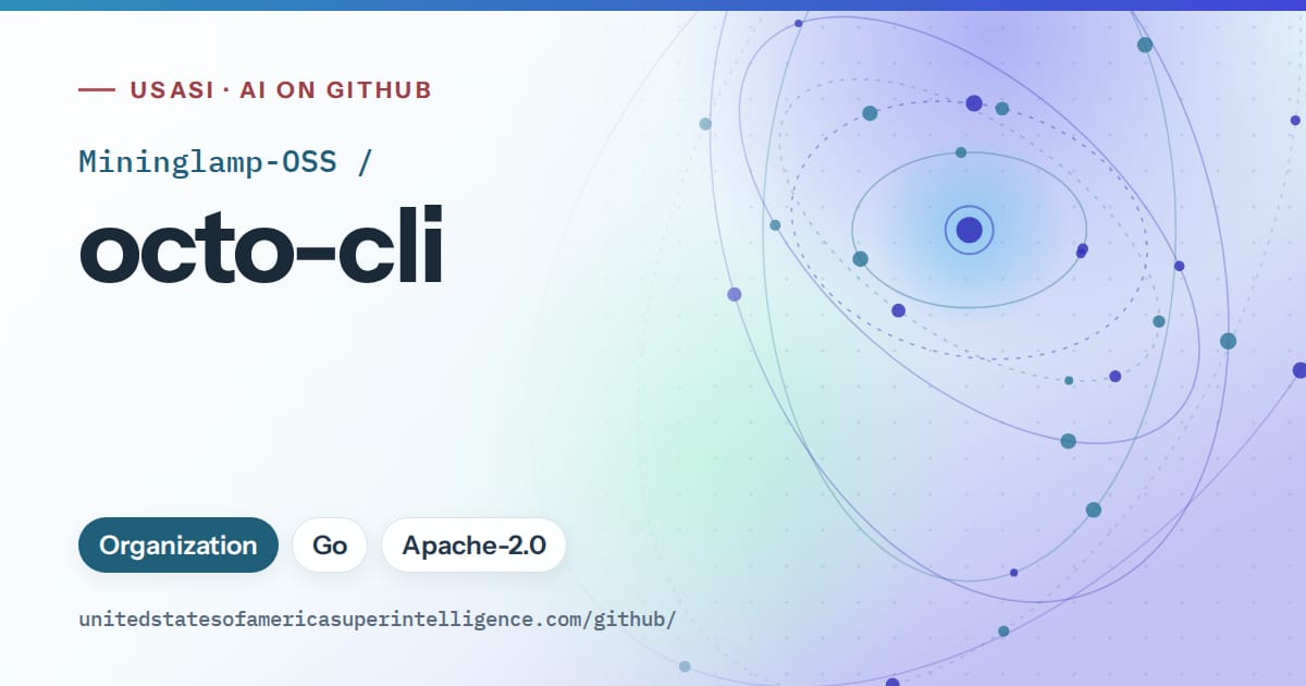 Generated sky blue orbit artwork for Mininglamp-OSS/octo-cli, labeled USASI · AI on GitHub, with Organization · Go · Apache-2.0.