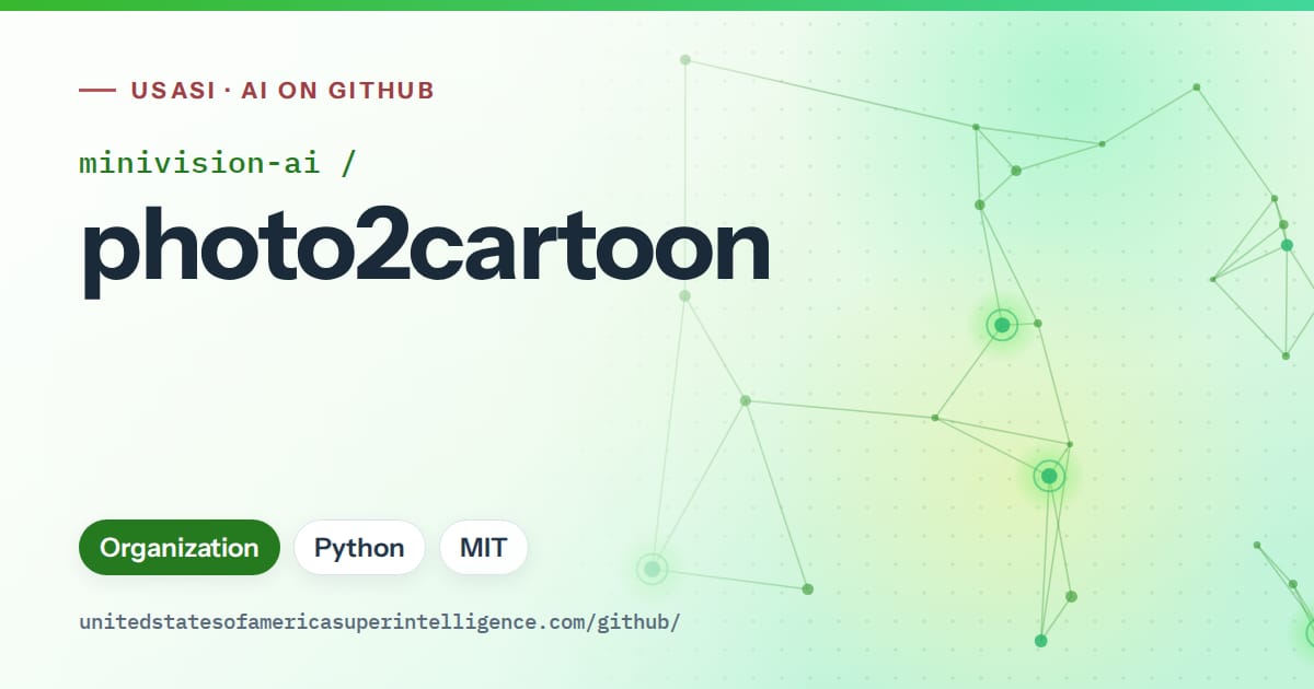 Generated green constellation network artwork for minivision-ai/photo2cartoon, labeled USASI · AI on GitHub, with Organization · Python · MIT.