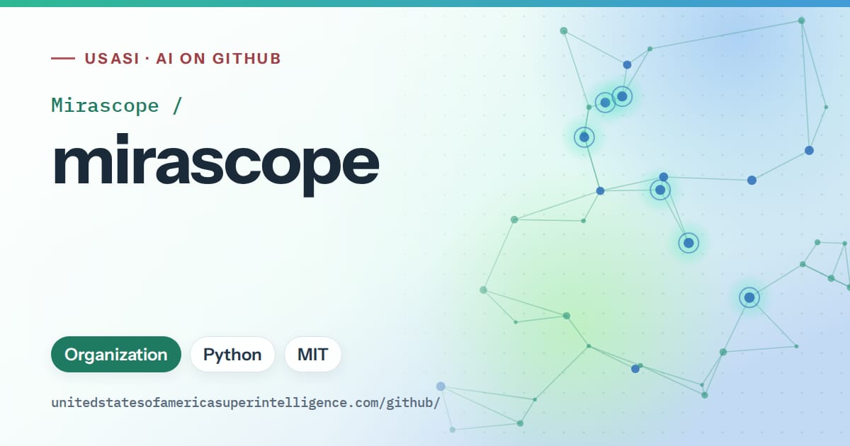 Generated teal constellation network artwork for Mirascope/mirascope, labeled USASI · AI on GitHub, with Organization · Python · MIT.