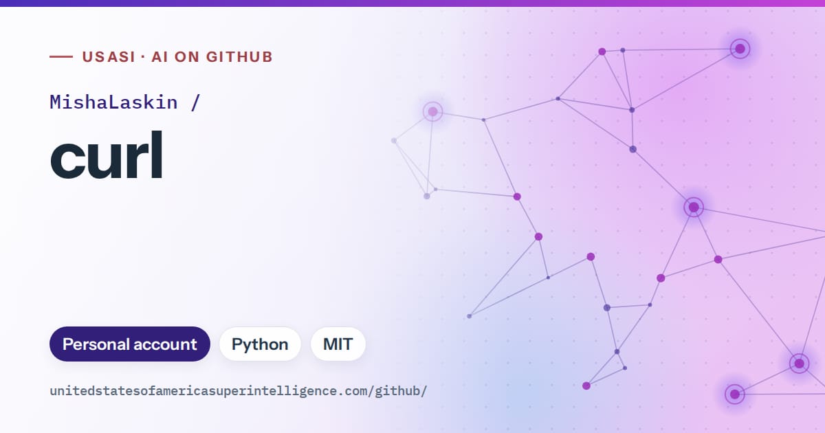 Generated violet constellation network artwork for MishaLaskin/curl, labeled USASI · AI on GitHub, with Personal account · Python · MIT.