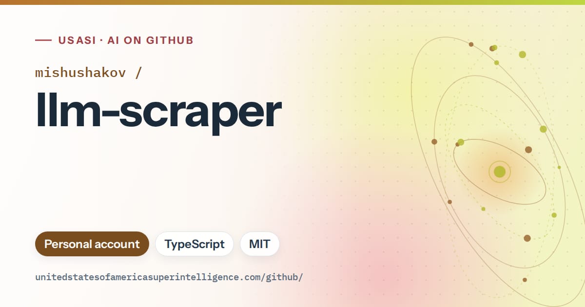 Generated orange orbit artwork for mishushakov/llm-scraper, labeled USASI · AI on GitHub, with Personal account · TypeScript · MIT.