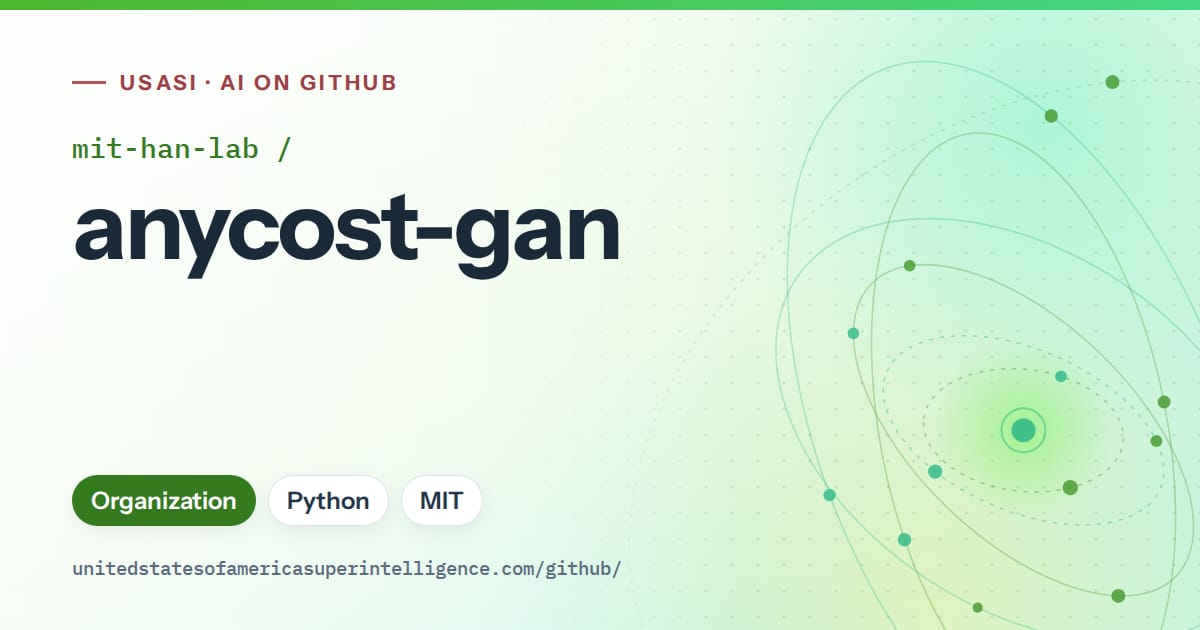 Generated green orbit artwork for mit-han-lab/anycost-gan, labeled USASI · AI on GitHub, with Organization · Python · MIT.
