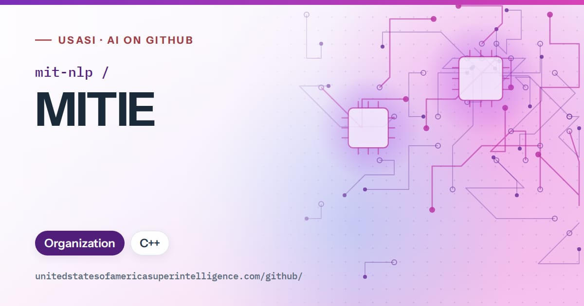 Generated violet circuit-trace artwork for mit-nlp/MITIE, labeled USASI · AI on GitHub, with Organization · C++.