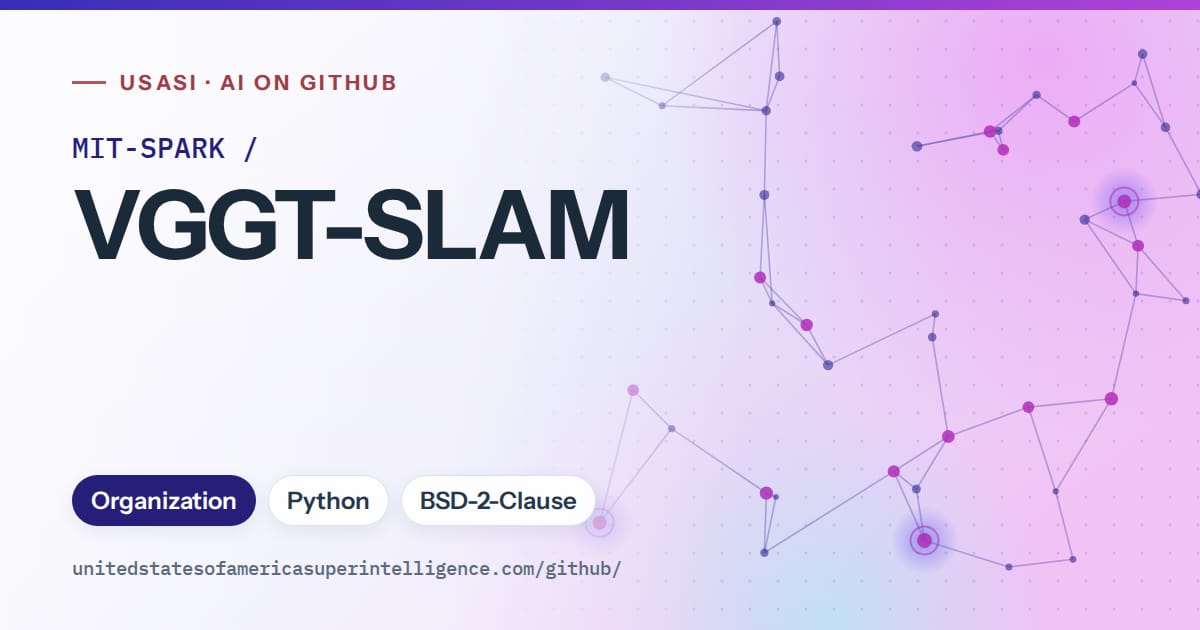 Generated blue constellation network artwork for MIT-SPARK/VGGT-SLAM, labeled USASI · AI on GitHub, with Organization · Python · BSD-2-Clause.