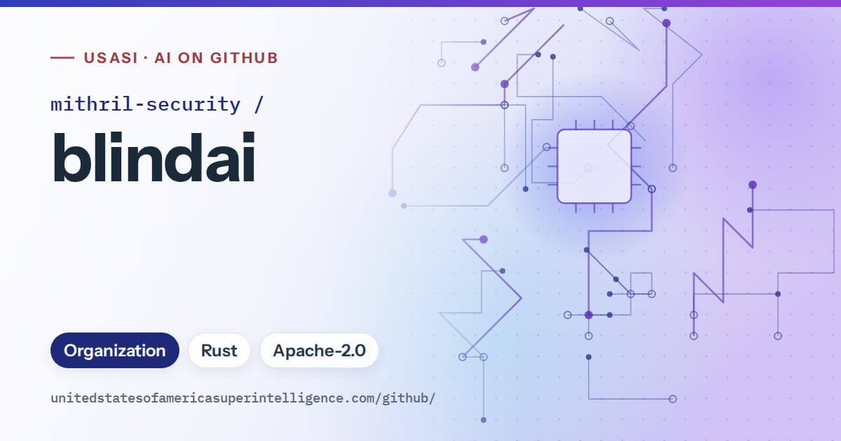 Generated blue circuit-trace artwork for mithril-security/blindai, labeled USASI · AI on GitHub, with Organization · Rust · Apache-2.0.