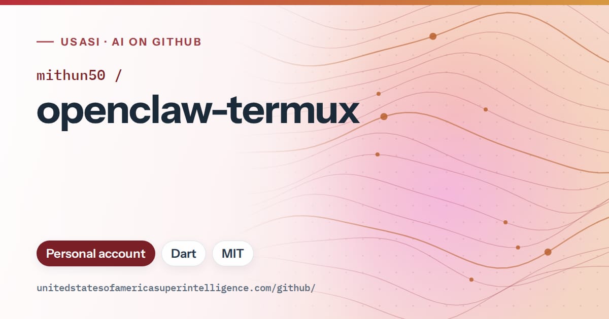 Generated red flowing-wave artwork for mithun50/openclaw-termux, labeled USASI · AI on GitHub, with Personal account · Dart · MIT.