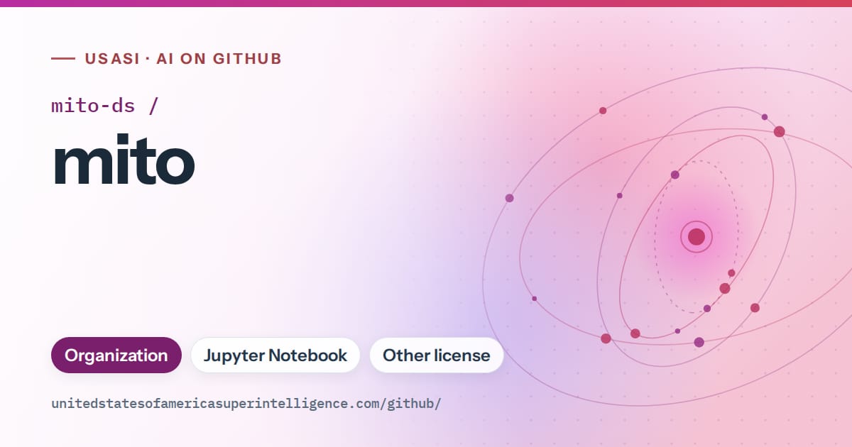 Generated purple orbit artwork for mito-ds/mito, labeled USASI · AI on GitHub, with Organization · Jupyter Notebook · Other license.