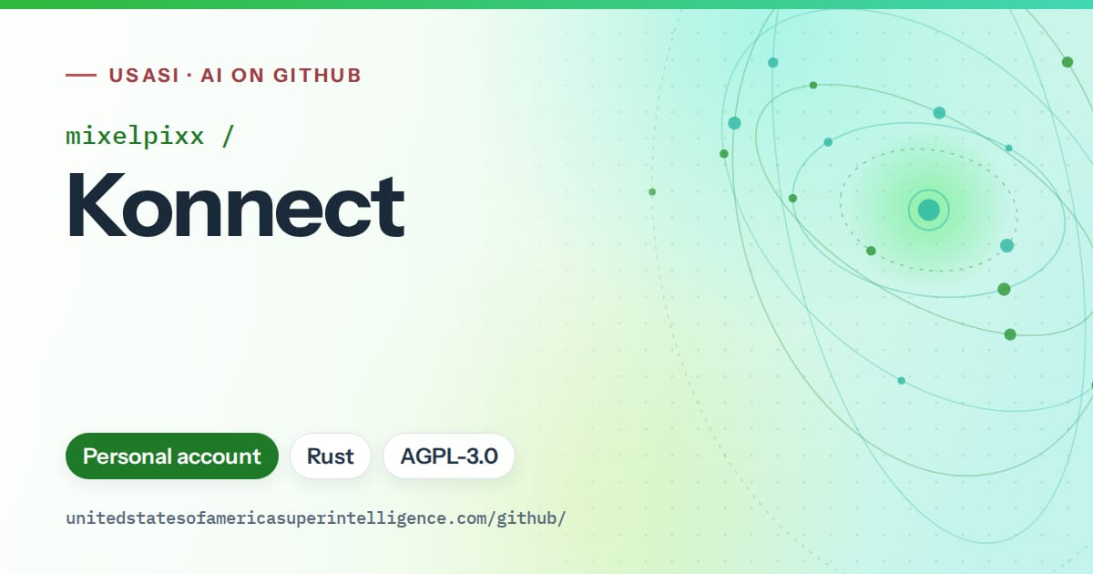 Generated green orbit artwork for mixelpixx/Konnect, labeled USASI · AI on GitHub, with Personal account · Rust · AGPL-3.0.