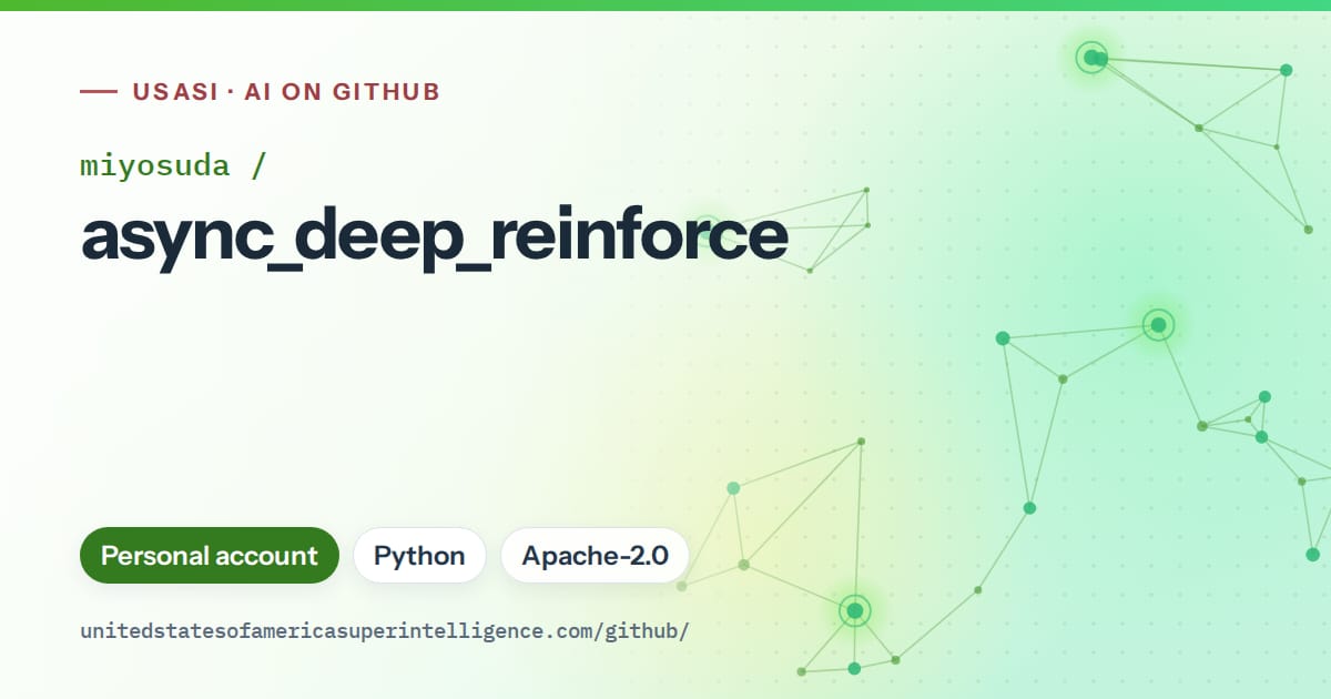 Generated green constellation network artwork for miyosuda/async_deep_reinforce, labeled USASI · AI on GitHub, with Personal account · Python · Apache-2.0.