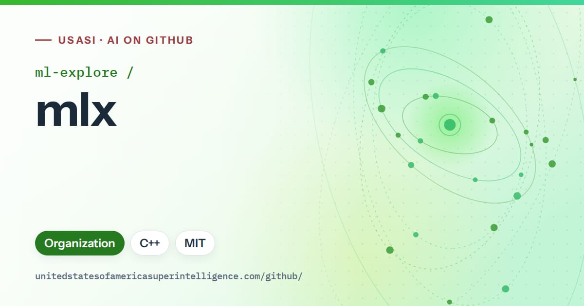 Generated green orbit artwork for ml-explore/mlx, labeled USASI · AI on GitHub, with Organization · C++ · MIT.
