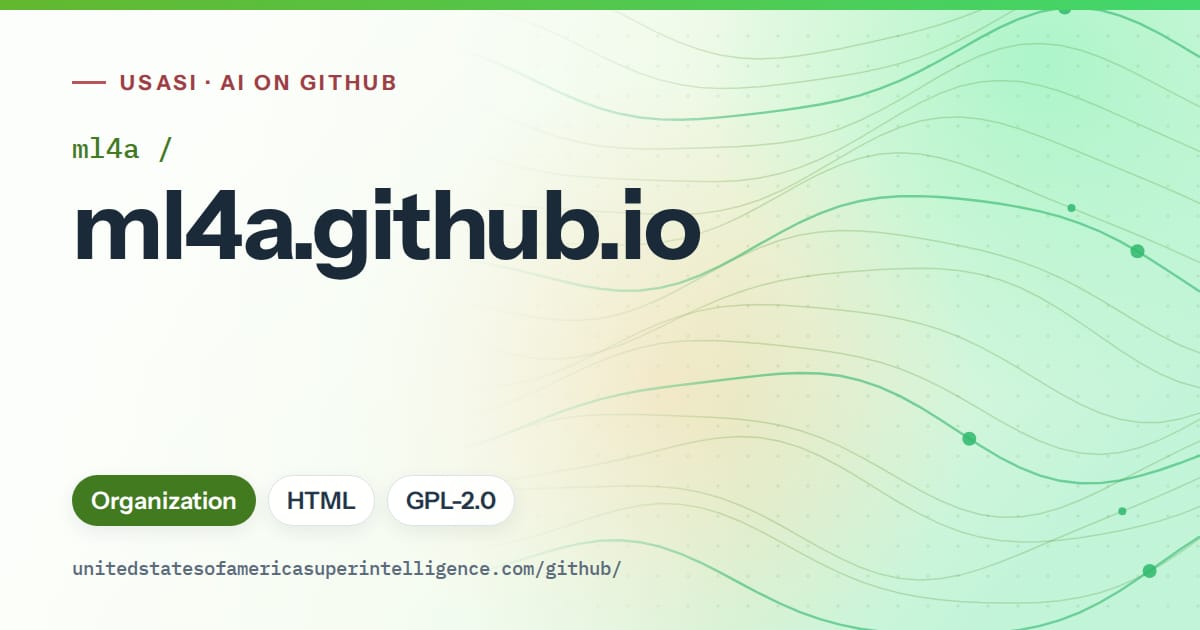 Generated green flowing-wave artwork for ml4a/ml4a.github.io, labeled USASI · AI on GitHub, with Organization · HTML · GPL-2.0.