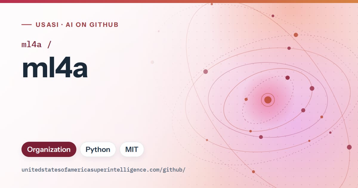 Generated red orbit artwork for ml4a/ml4a, labeled USASI · AI on GitHub, with Organization · Python · MIT.