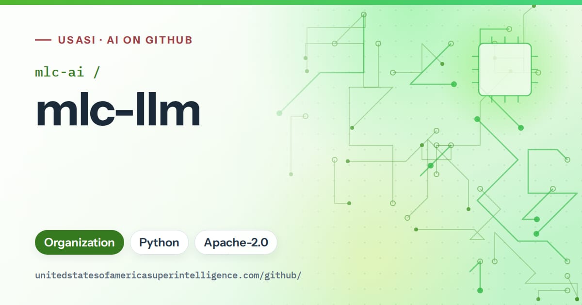 Generated green circuit-trace artwork for mlc-ai/mlc-llm, labeled USASI · AI on GitHub, with Organization · Python · Apache-2.0.