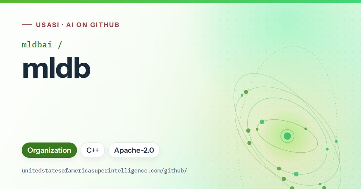 Generated green orbit artwork for mldbai/mldb, labeled USASI · AI on GitHub, with Organization · C++ · Apache-2.0.