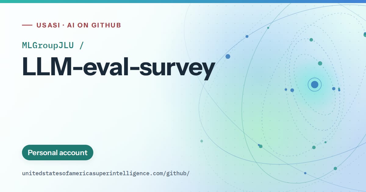 Generated teal orbit artwork for MLGroupJLU/LLM-eval-survey, labeled USASI · AI on GitHub, with Personal account.