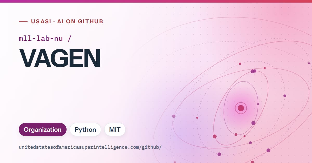 Generated purple orbit artwork for mll-lab-nu/VAGEN, labeled USASI · AI on GitHub, with Organization · Python · MIT.
