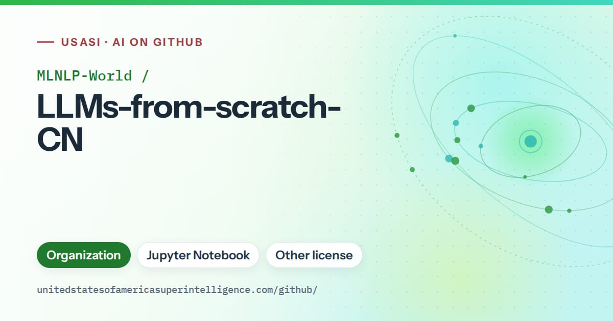 Generated green orbit artwork for MLNLP-World/LLMs-from-scratch-CN, labeled USASI · AI on GitHub, with Organization · Jupyter Notebook · Other license.