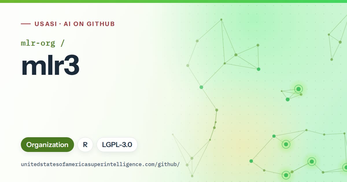 Generated green constellation network artwork for mlr-org/mlr3, labeled USASI · AI on GitHub, with Organization · R · LGPL-3.0.