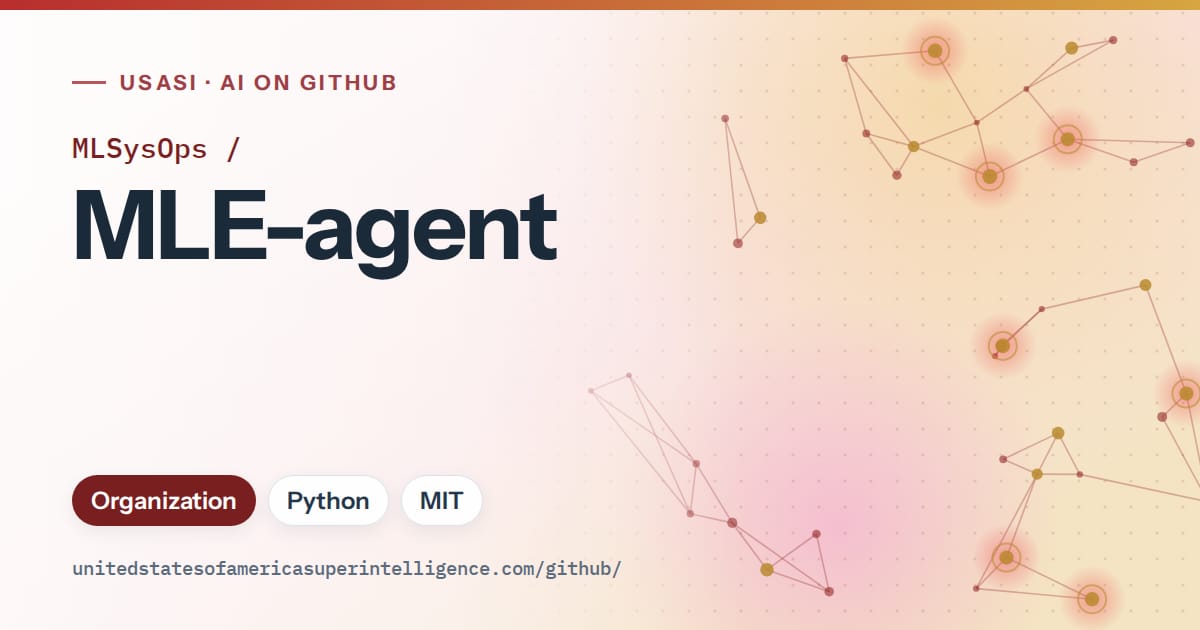 Generated red constellation network artwork for MLSysOps/MLE-agent, labeled USASI · AI on GitHub, with Organization · Python · MIT.
