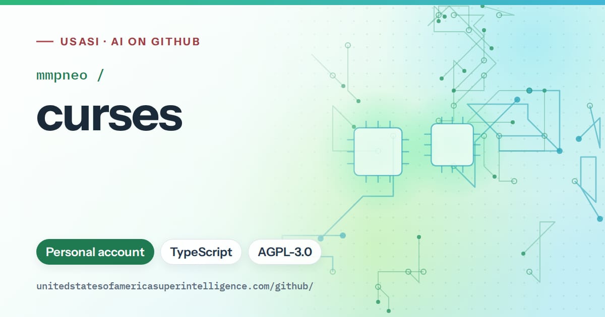 Generated teal circuit-trace artwork for mmpneo/curses, labeled USASI · AI on GitHub, with Personal account · TypeScript · AGPL-3.0.