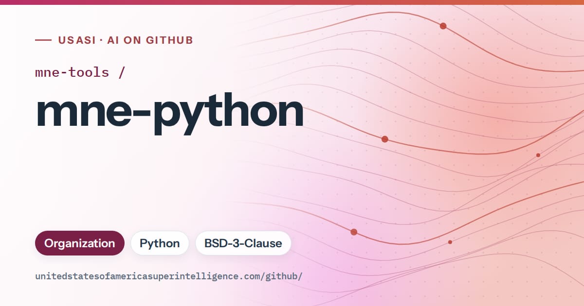 Generated pink flowing-wave artwork for mne-tools/mne-python, labeled USASI · AI on GitHub, with Organization · Python · BSD-3-Clause.