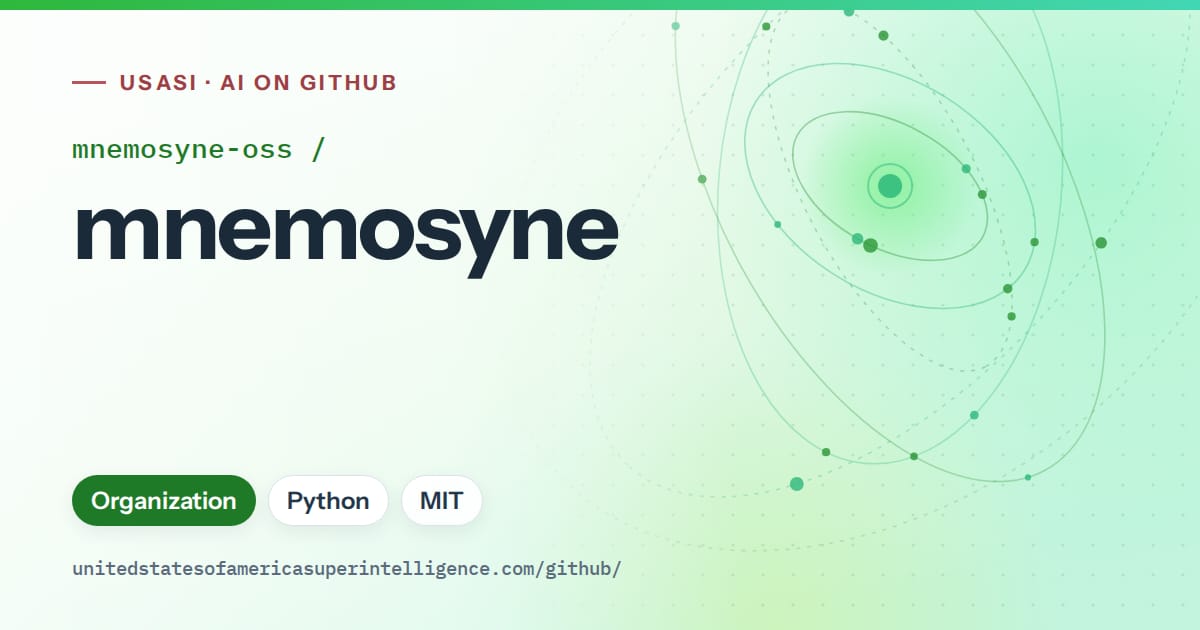 Generated green orbit artwork for mnemosyne-oss/mnemosyne, labeled USASI · AI on GitHub, with Organization · Python · MIT.