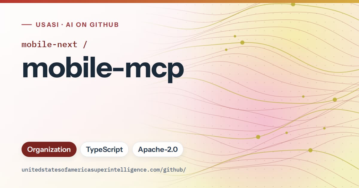 Generated red flowing-wave artwork for mobile-next/mobile-mcp, labeled USASI · AI on GitHub, with Organization · TypeScript · Apache-2.0.