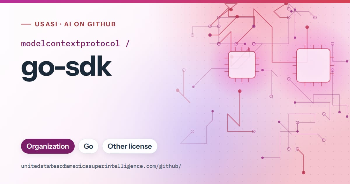 Generated purple circuit-trace artwork for modelcontextprotocol/go-sdk, labeled USASI · AI on GitHub, with Organization · Go · Other license.