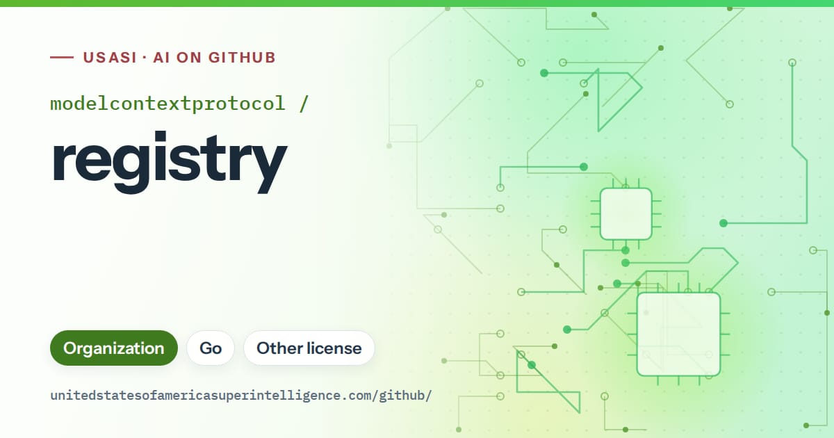 Generated green circuit-trace artwork for modelcontextprotocol/registry, labeled USASI · AI on GitHub, with Organization · Go · Other license.