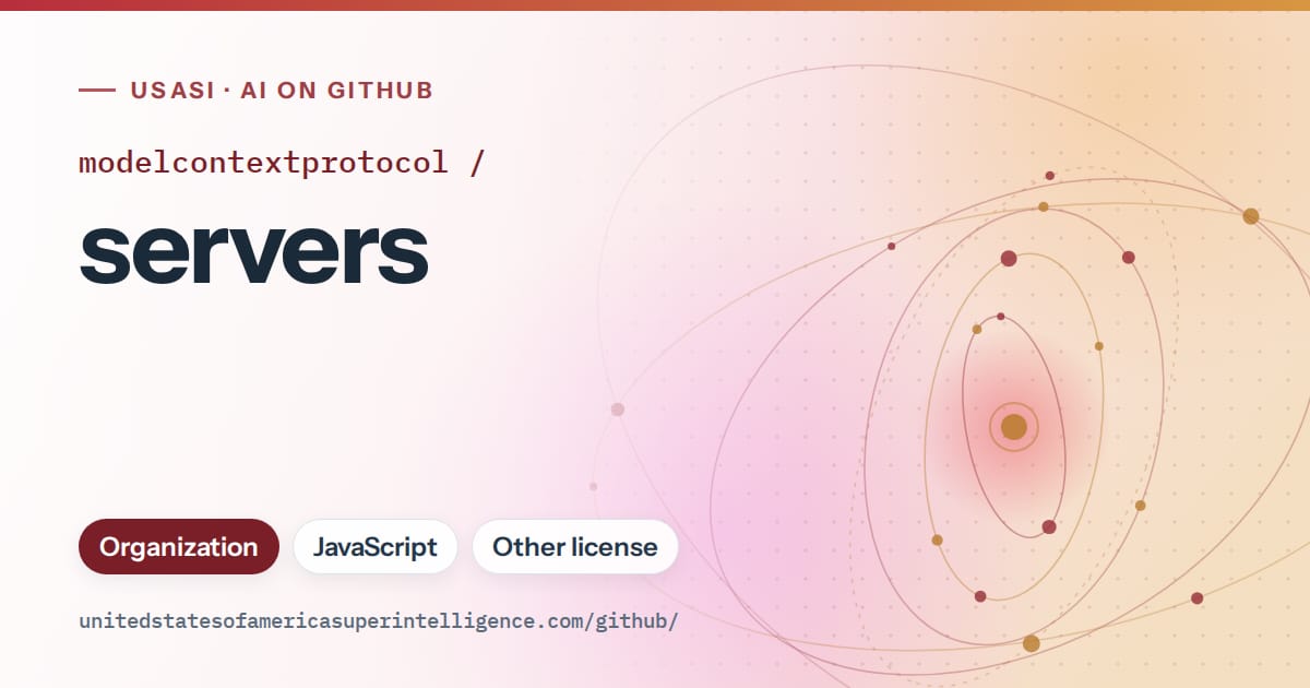 Generated red orbit artwork for modelcontextprotocol/servers, labeled USASI · AI on GitHub, with Organization · JavaScript · Other license.