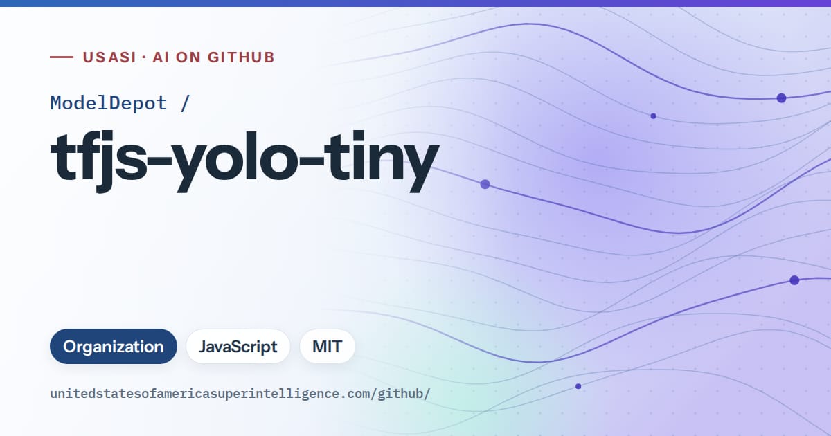 Generated blue flowing-wave artwork for ModelDepot/tfjs-yolo-tiny, labeled USASI · AI on GitHub, with Organization · JavaScript · MIT.