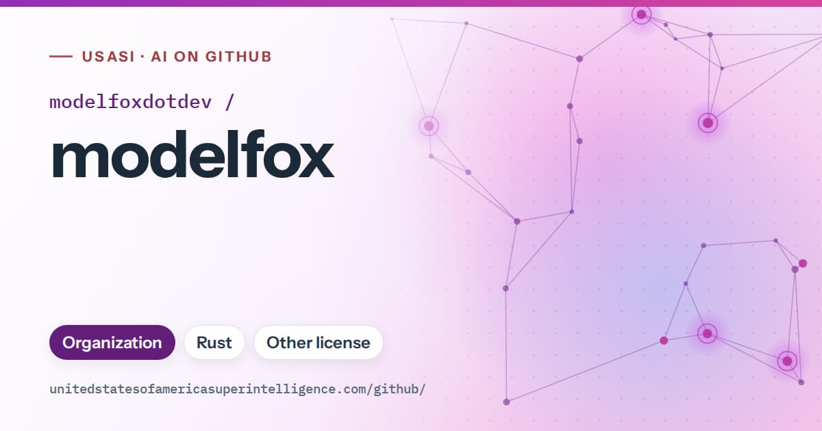 Generated violet constellation network artwork for modelfoxdotdev/modelfox, labeled USASI · AI on GitHub, with Organization · Rust · Other license.