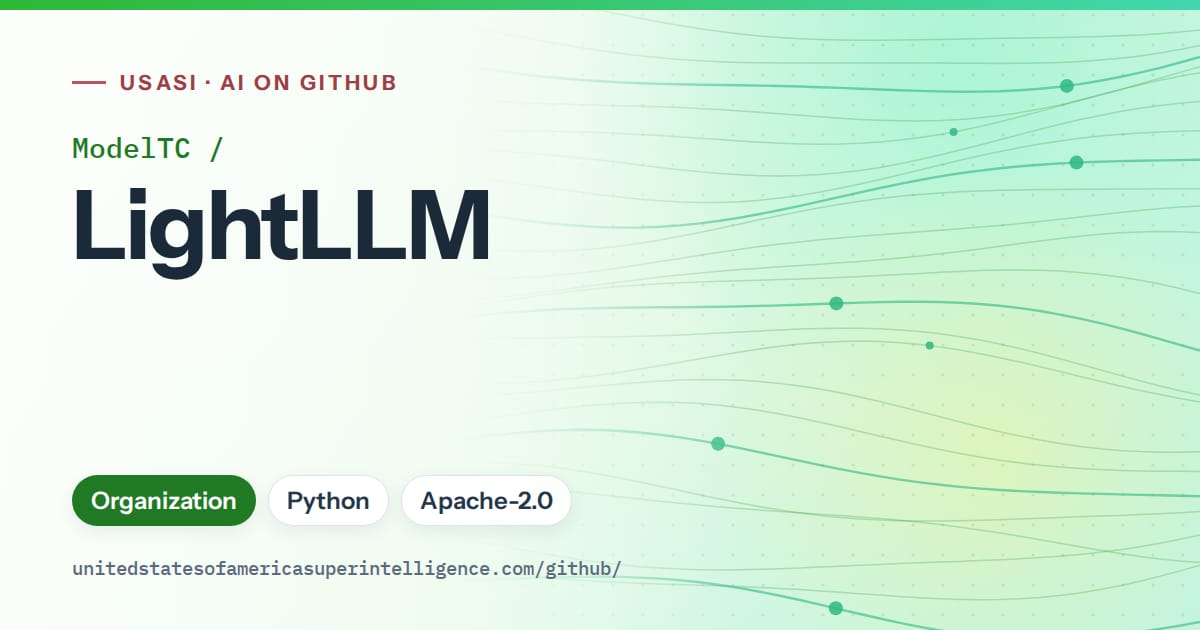 Generated green flowing-wave artwork for ModelTC/LightLLM, labeled USASI · AI on GitHub, with Organization · Python · Apache-2.0.