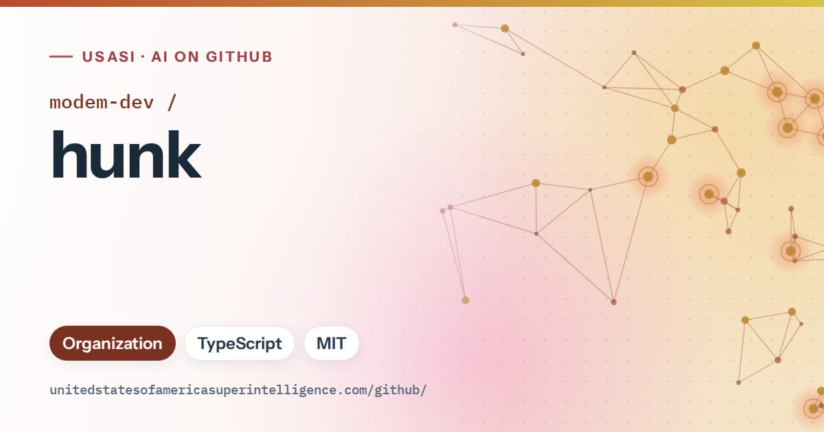 Generated red constellation network artwork for modem-dev/hunk, labeled USASI · AI on GitHub, with Organization · TypeScript · MIT.