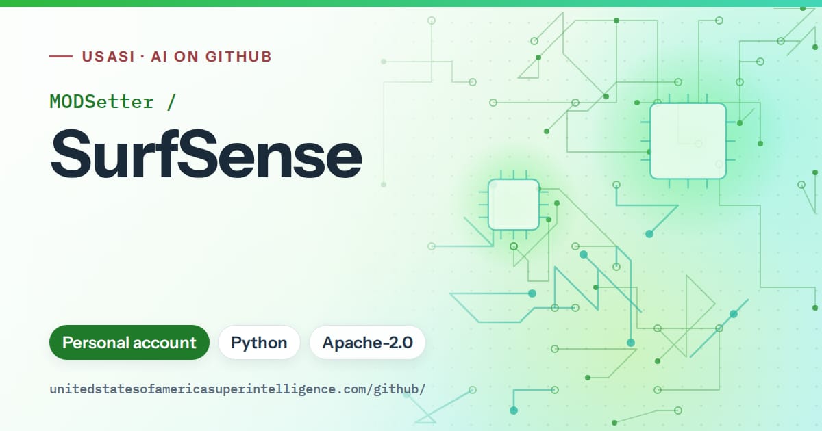 Generated green circuit-trace artwork for MODSetter/SurfSense, labeled USASI · AI on GitHub, with Personal account · Python · Apache-2.0.
