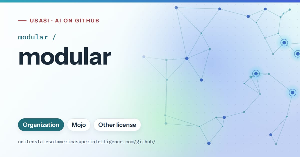 Generated teal constellation network artwork for modular/modular, labeled USASI · AI on GitHub, with Organization · Mojo · Other license.