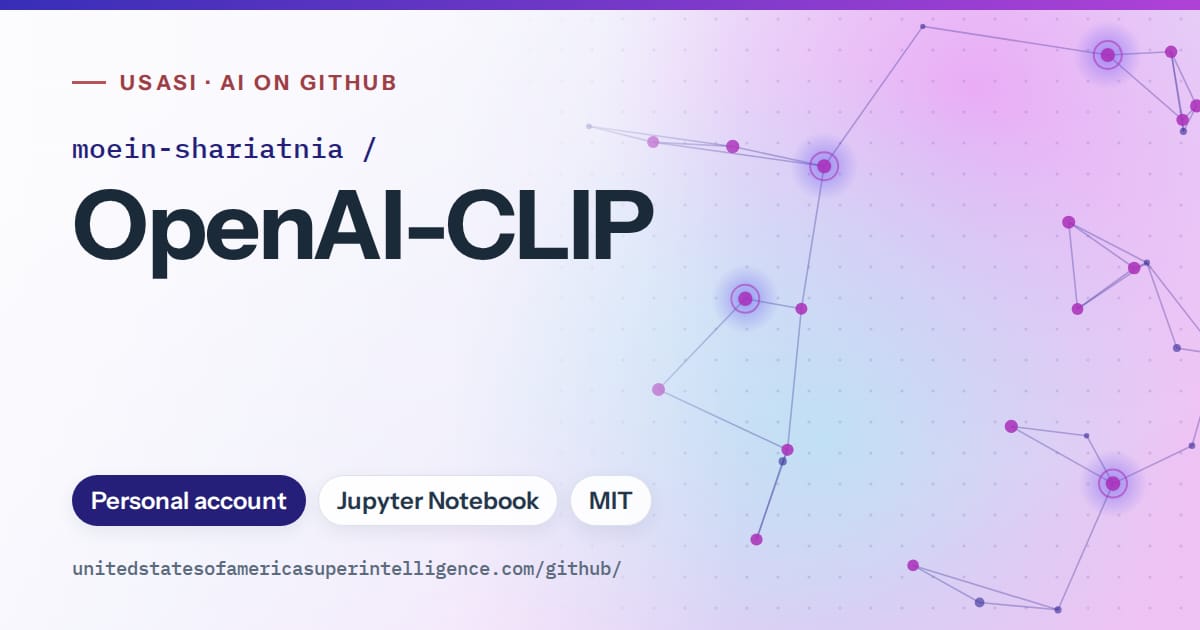 Generated blue constellation network artwork for moein-shariatnia/OpenAI-CLIP, labeled USASI · AI on GitHub, with Personal account · Jupyter Notebook · MIT.