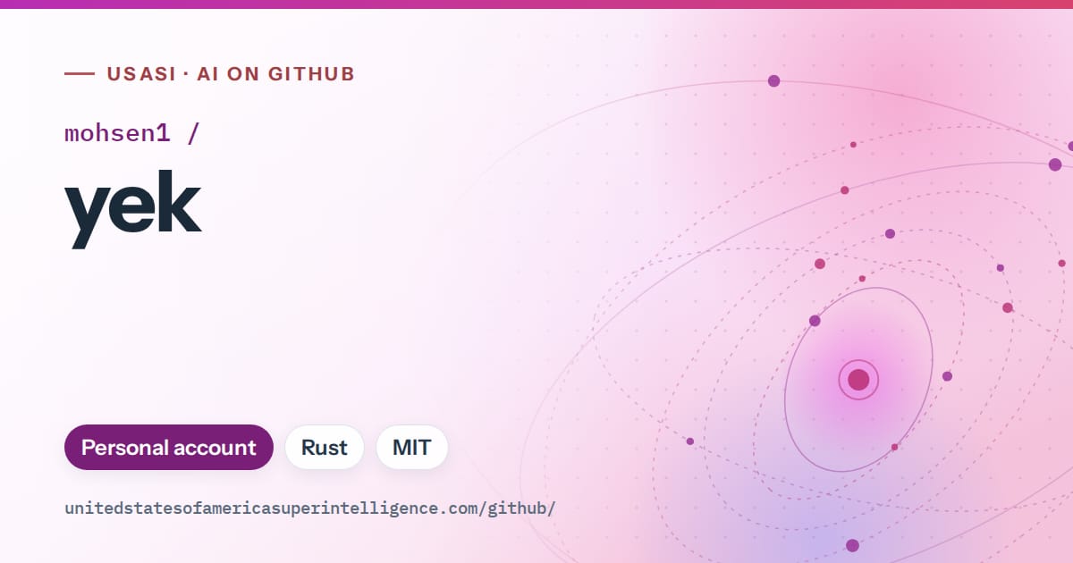 Generated purple orbit artwork for mohsen1/yek, labeled USASI · AI on GitHub, with Personal account · Rust · MIT.