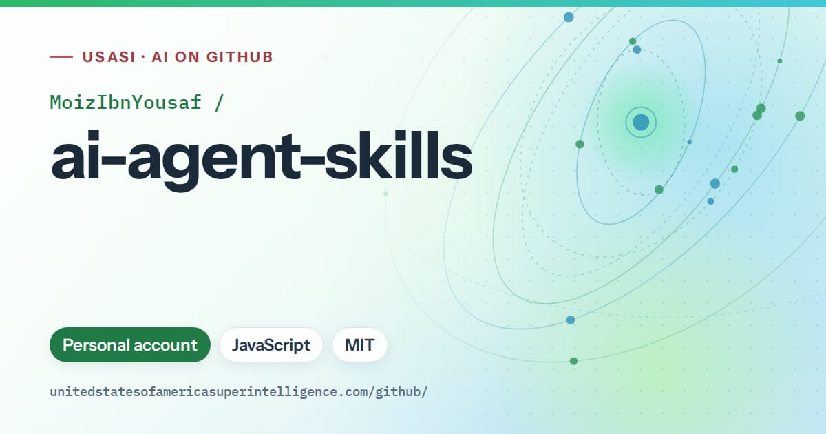 Generated green orbit artwork for MoizIbnYousaf/ai-agent-skills, labeled USASI · AI on GitHub, with Personal account · JavaScript · MIT.