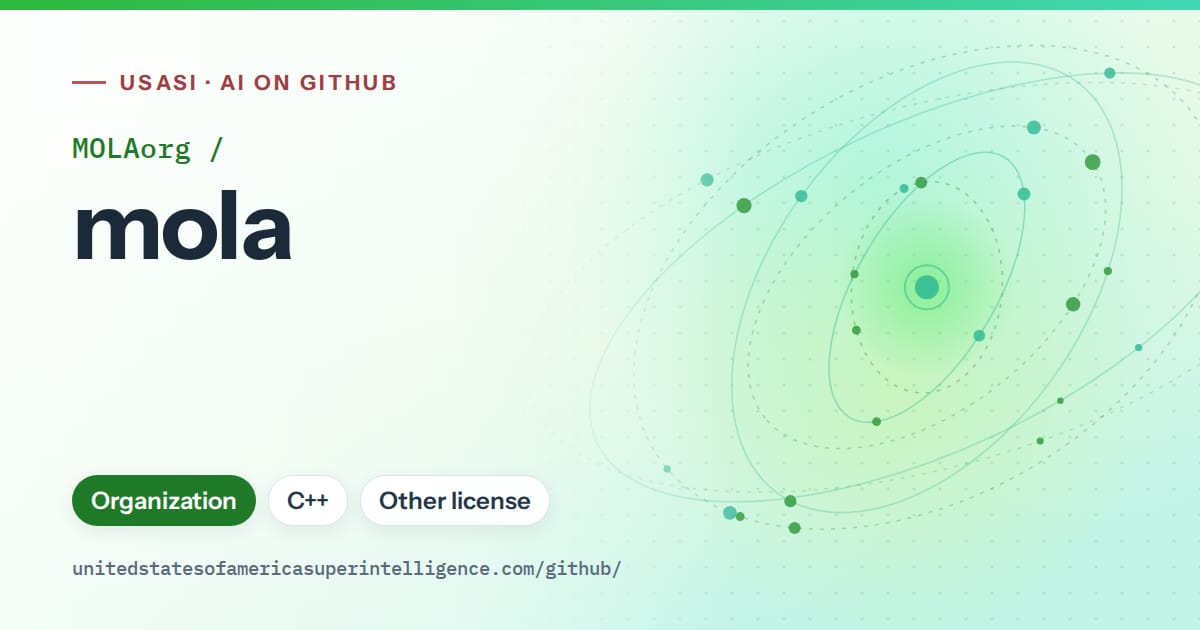 Generated green orbit artwork for MOLAorg/mola, labeled USASI · AI on GitHub, with Organization · C++ · Other license.