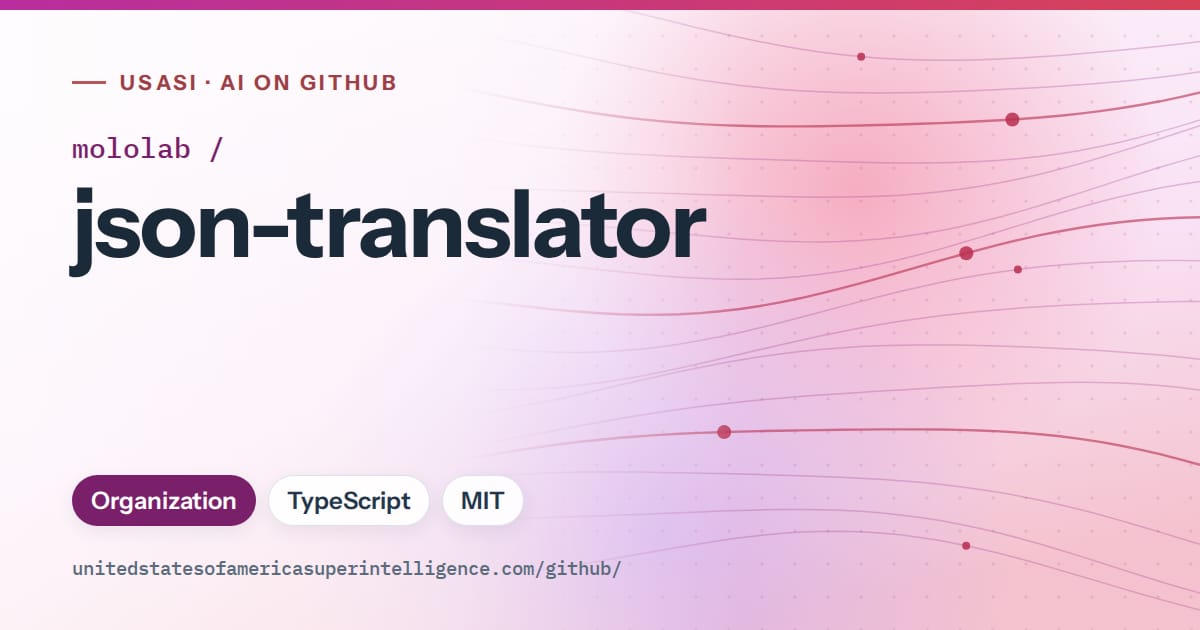 Generated purple flowing-wave artwork for mololab/json-translator, labeled USASI · AI on GitHub, with Organization · TypeScript · MIT.